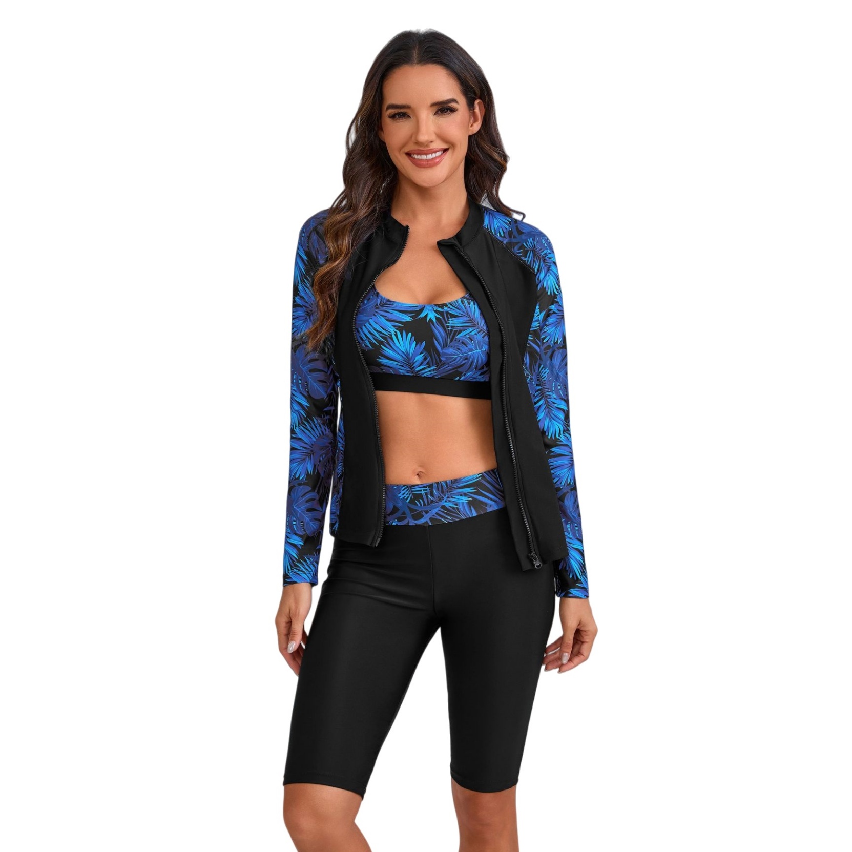 Womens Long Sleeve Rash Guard Swimsuit Set 3-piece Trendy Swimwear With Shorts